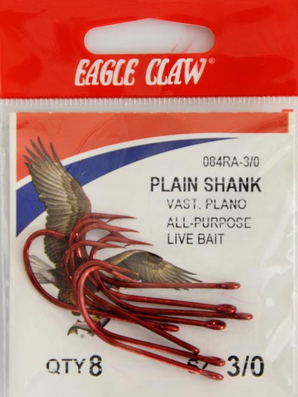 Eagle Claw 084RAH-3/0 Plain Shank Offset Hook, Red, Size 3/0, 8 Pack