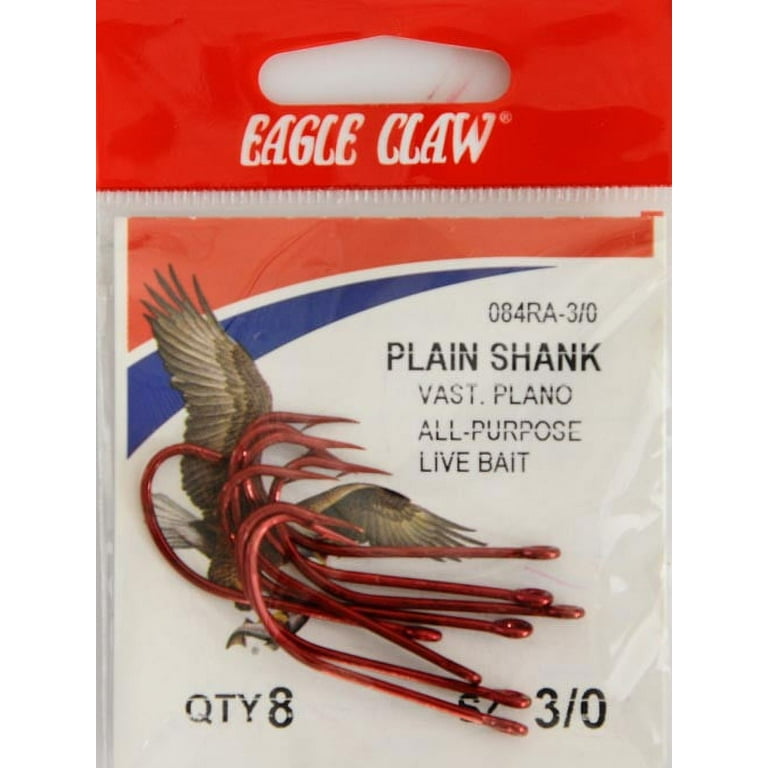 Eagle Claw 084RAH-3/0 Plain Shank Offset Hook, Red, Size 3/0, 8 Pack
