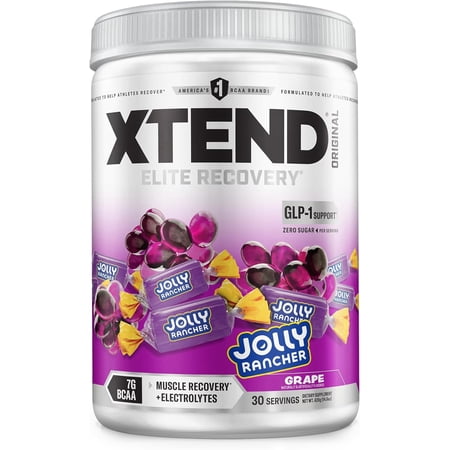 XTEND Original BCAA Powder, 7g BCAAs and 2.5g L-Glutamine for Muscle Recovery Hydration and Lean Muscle, Sugar Free Intra and Post Workout Drink with Electrolytes, Grape Jolly Rancher, 30 Servings