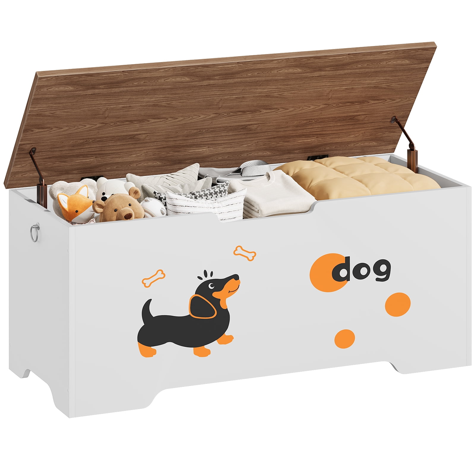 HOOBRO 47.2" Farmhouse Storage Bench with Puppy Pattern & Safety Hinges, White and Walnut