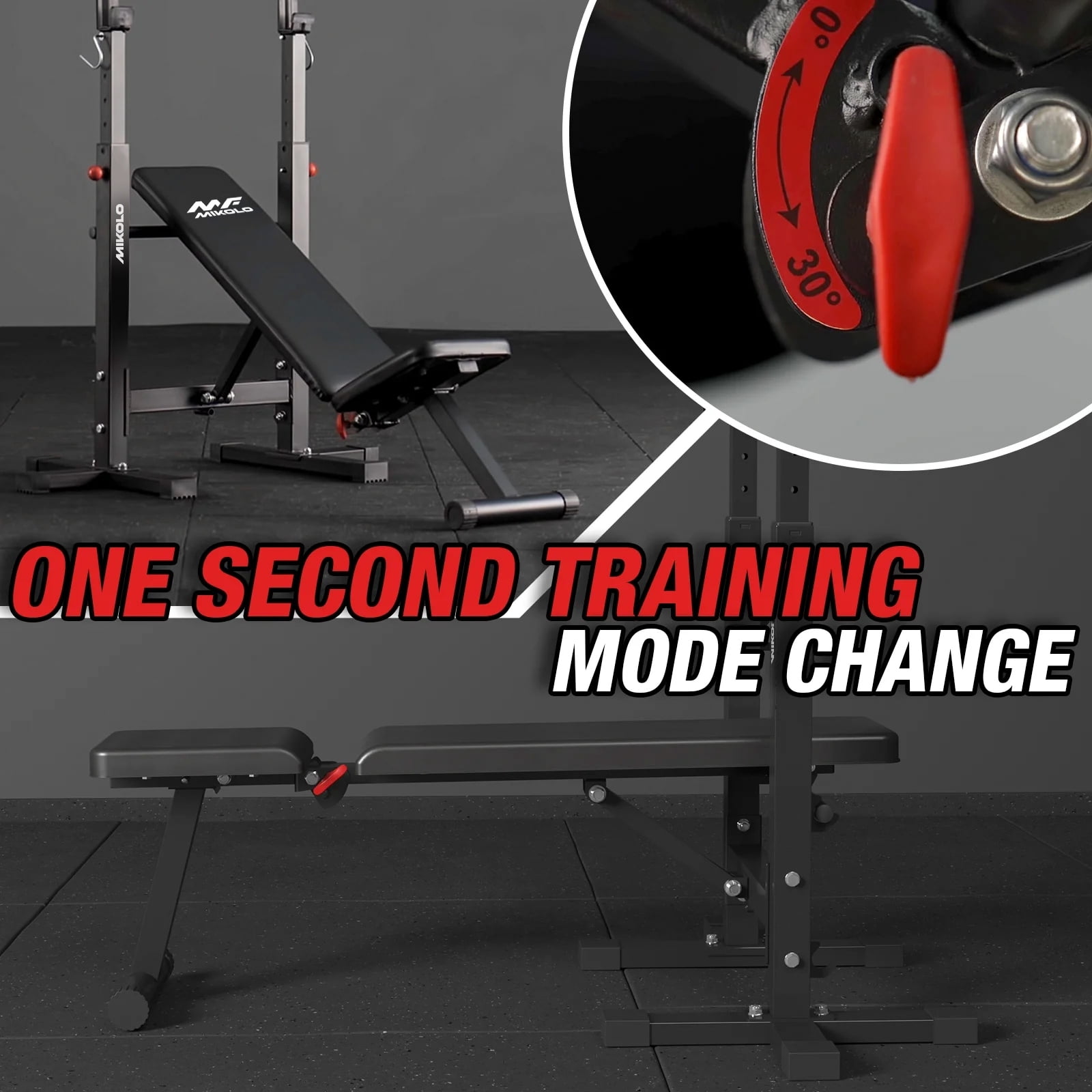 Mikolo Adjustable Weight Bench, 660LBS Foldable Bench Press with Squat Rack, Multi-functional Adjustable Flat Incline Bench for Chest, Shoulder Home Gym Equipment, Black