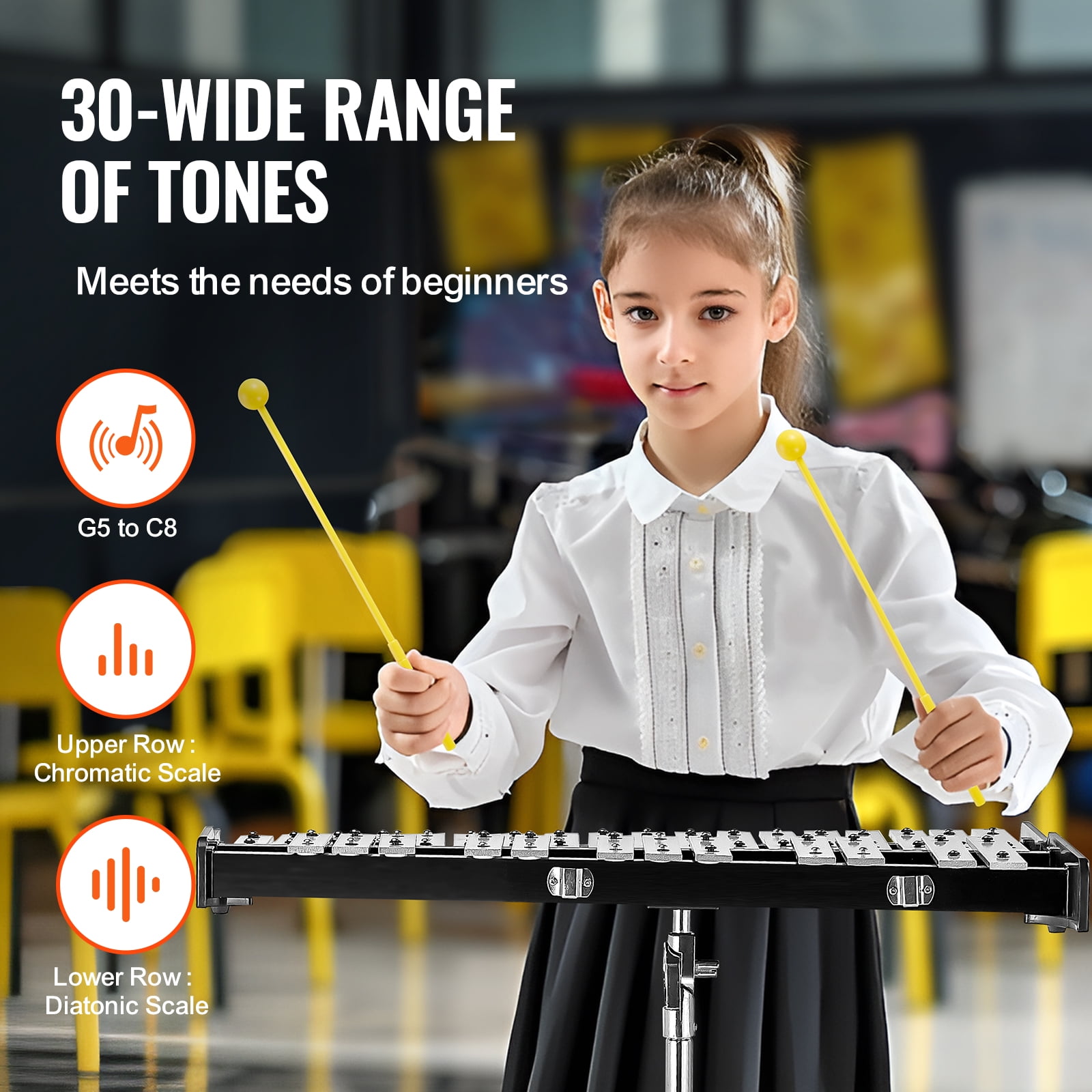 SKYSHALO 30-Key Glockenspiel Xylophone Set, Complete Percussion Kit with Mallets, Sticks, Sheet Music Holder, 8'' Training Pad, Height-Adjustable Stand & Portable Bag for Learners & Enthusiasts