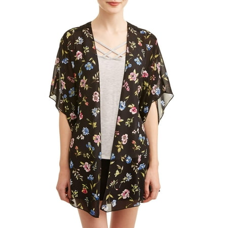 Juniors' Floral Printed Kimono & Caged Cami 2Fer
