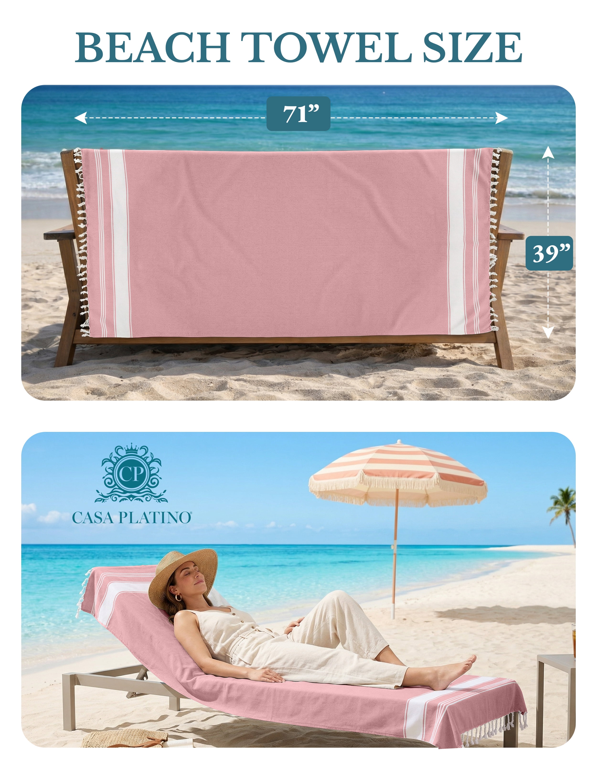 Casa Platino Hammam Cotton Beach Towels 4 Pack – Oversized, Quick Dry, Perfect for Adults Seeking Style and Comfort on Travel – Cashmere Rose