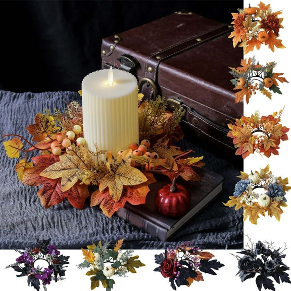 Halloween Table Decor Simulation Flower Table Candle Holders Flower Candle Wreaths 9.8 Inch Fall Candle Rings Wreaths, Decorative Rattan Garland with Maple Leaf Berries for Thanksgiving