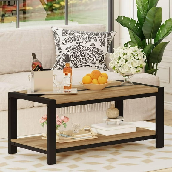 Wood Coffee Table, Rectangle Coffee Tables for Living Room, Farmhouse Living Room Center Tables, Low Cocktail Tea Table with Rounded Corner (Vintage Oak, 43 Inch)