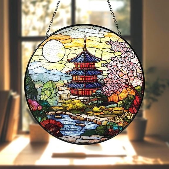 Faux Stained Glass Japanese Pagoda Suncatcher, Japanese Glass Art Christmas Gift, Japanese Travel Window Hanging Ornament, Birthday Gift