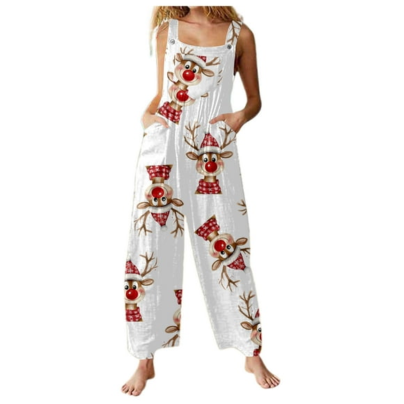 Wyzesi Jumpsuits for Women Dressy Party White Women's Christmas Print Casual Jumpsuit with Pockets White Jumpsuit Costume Women Womens Jumpsuits Dressy
