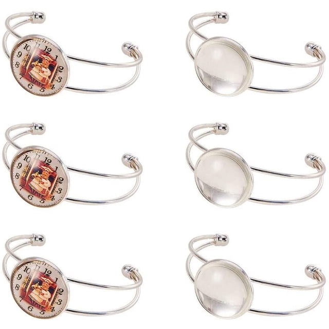 Pulseras de brazalete con bisel de 0,8 pulgadas y 6 cabujón de cristal transparente redondo de 20 mm para hombres y mujeres, color plateado.