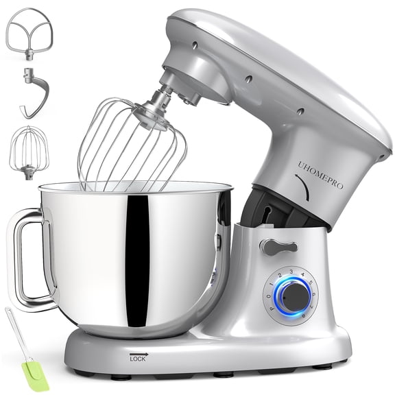 8.5QT Stand Mixer, UHOMEPRO 8-Speed Tilt-Head Kitchen Dough Mixer, 3-in-1 Home Commercial Electric Cake Mixer With Dough Hook, Beater, Egg Whisk, Dishwasher Safe, Silver