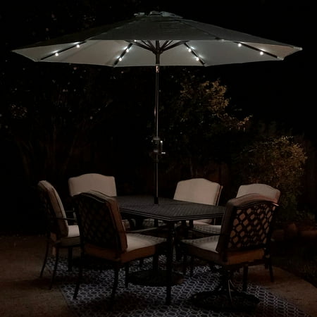 Sun Ray - 9' Round Solar Lighted Umbrella - Taupe