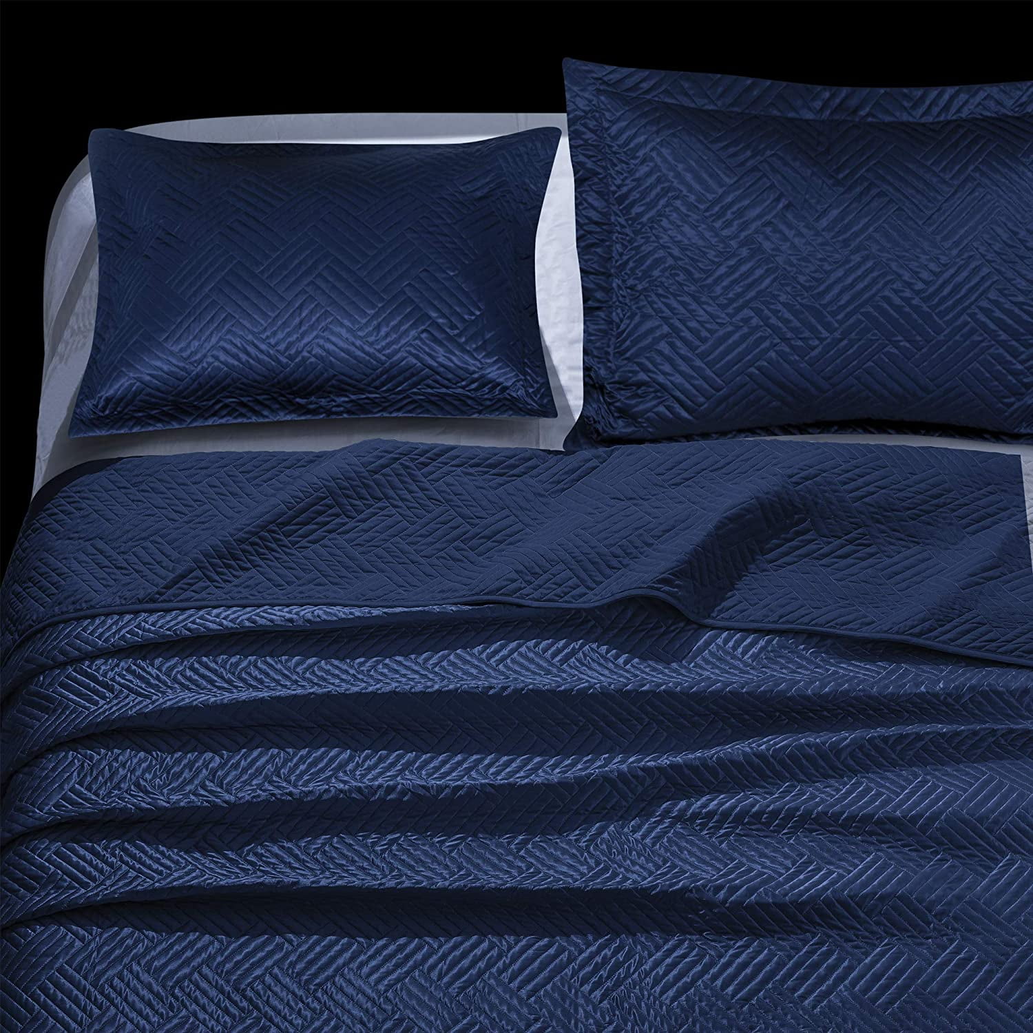 Satin Queen Quilt Coverlet Bed Set, 3 Pieces Geometric Pattern Quilted Bedspread, Navy Blue