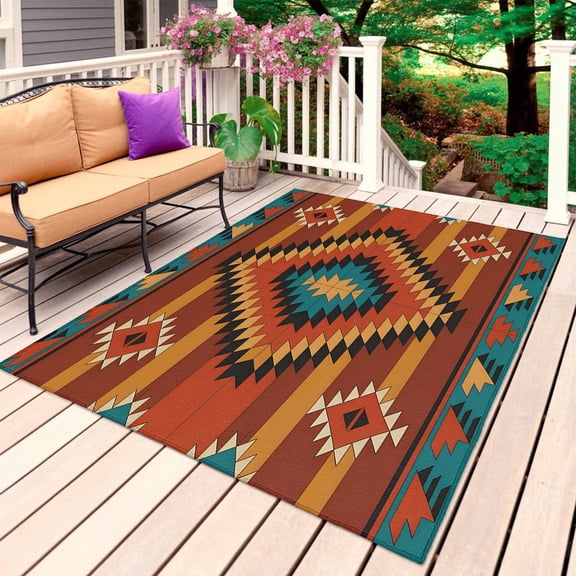 Farmhouse Aztec Outdoor Rug for Patio/Deck/Porch, Non-Slip Large Area Rug 6 x 9 Ft, Southwest Brown Geometric Retro Indoor Outdoor Rugs Washable Area Rugs, Reversible Camping Rug Carpet Runner