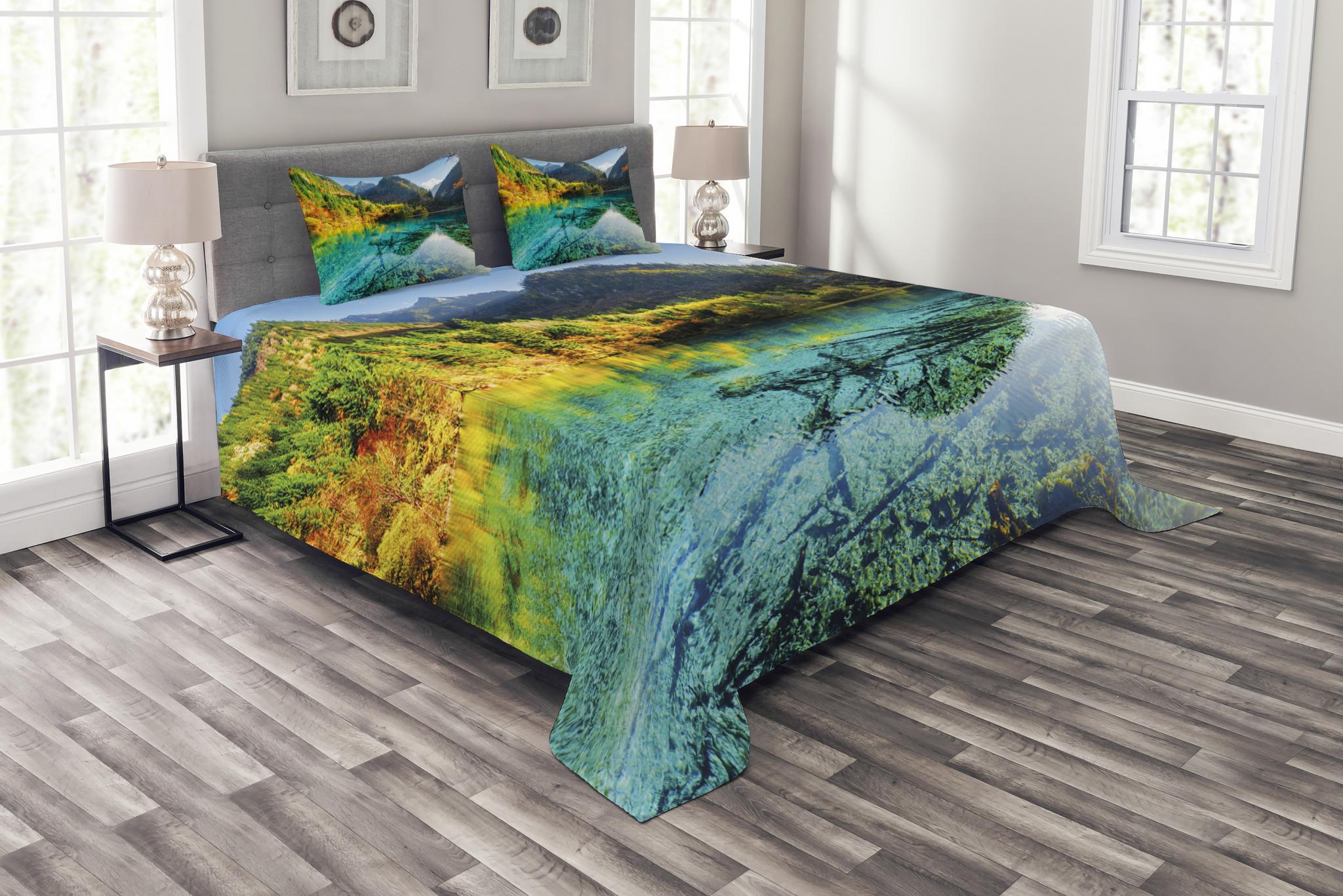 Nature Bedspread Set Queen Size, Idyllic Mountain Creek Crystal Water