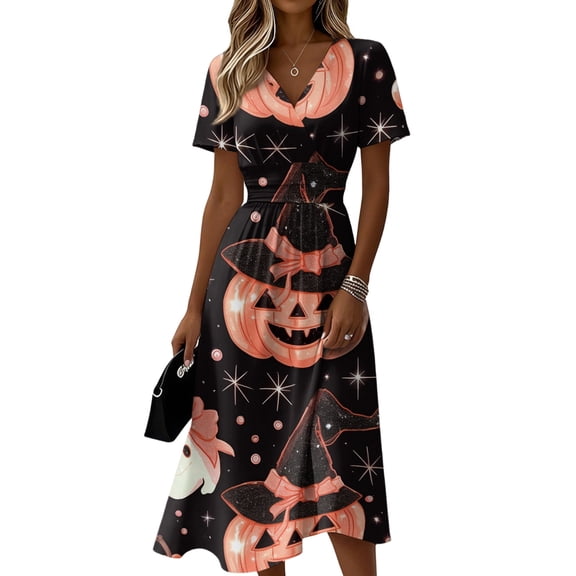 Women's Halloween Print Casual Dress, Round Neck with Pockets, Comfortable Relaxed Fit for Everyday Outings, Halloween Themed Cosplay Dress Black L