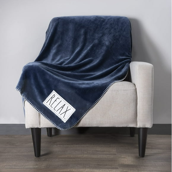 Rae Dunn Throw Blanket- Soft, Decorative Blankets for Bed or Couch, Cozy Throws for Sofa, Plush Navy Fleece Throw Embroidered with Relax, 50 inches x 60 inches
