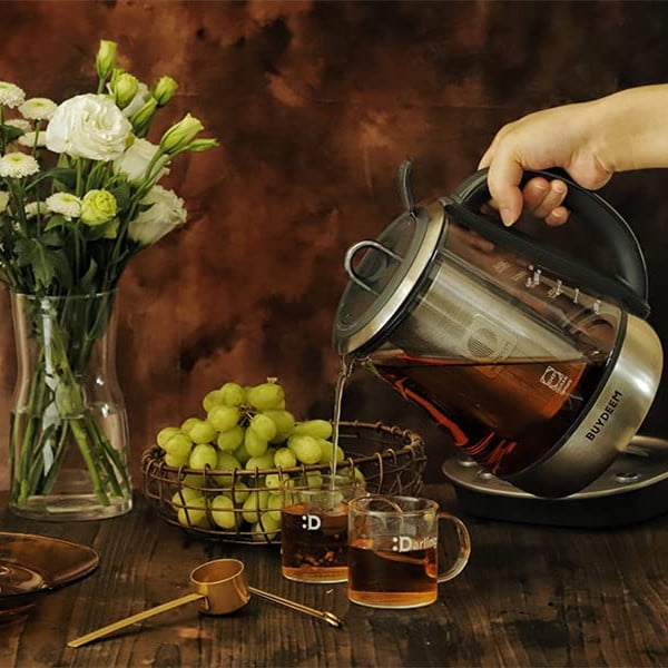 BUYDEEM K2423 Théière, Bouilloire Électrique Durable en Acier Inoxydable 316 et Verre Allemand Schott, Infuseur Amovible, Maintien Automatique au Chaud, Sans BPA, 1,2L