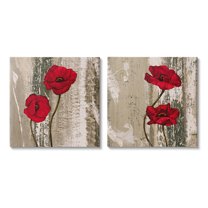 Vibrant Red Poppies Rustic Brown Wood Grain Botanical & Floral Gallery-Wrapped Canvas Print Wall Art, Set of 2, 17x17