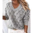 thumbnail image 5 of Women'S V Neck Hollowed Out Sweater Long Sleeve Knit Pullover Sweater Gray L, 5 of 9