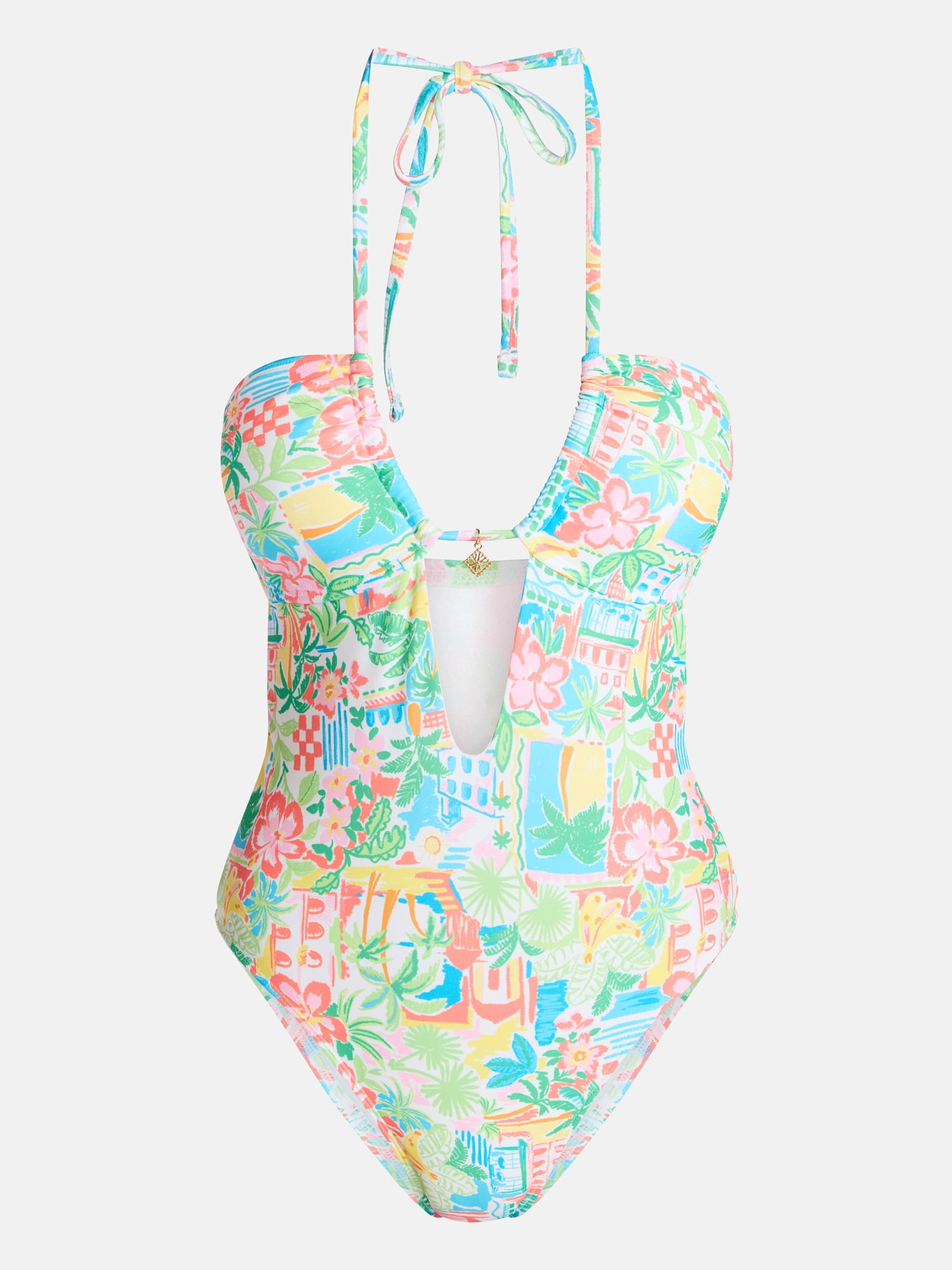 No Boundaries Halter Cutout One Piece Swimsuit, Women's XXS-XXL