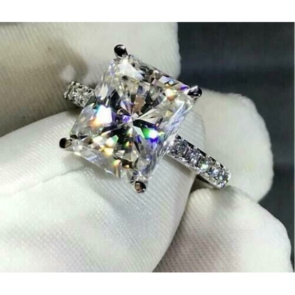 4Ct Radiant Cut Lab Created Diamond Solitaire With Accent Gorgeous Ring 14K White Gold Plated Silver