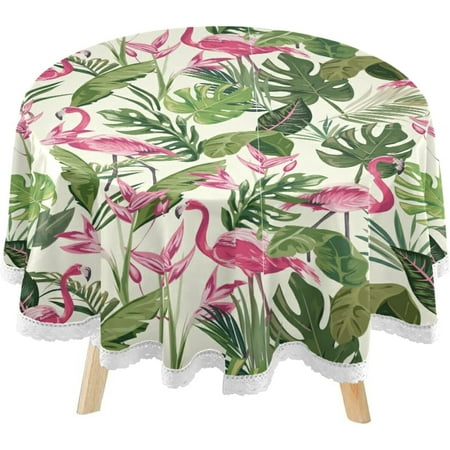 

Hyjoy Summer Flamingo Palm Leaves Round Tablecloth 60inch Indoor Wrinkle Free Tropical Leafs Spring Circular Lace Table Cover Washable for Kitchen Party BBQ Dining Decor