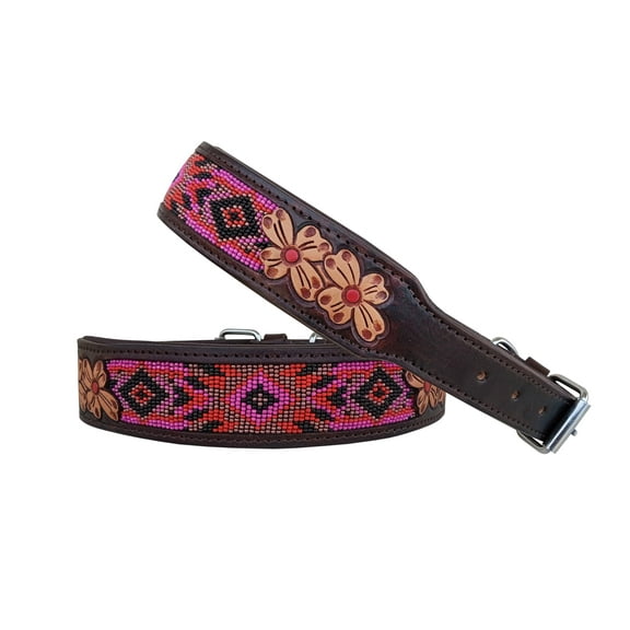 Affilare Beaded Leather Dog Collar Western Style Heavy Duty Tooled Padded for Comfort 10AB038 (Large (21"-25" Middle Hole at 23"))