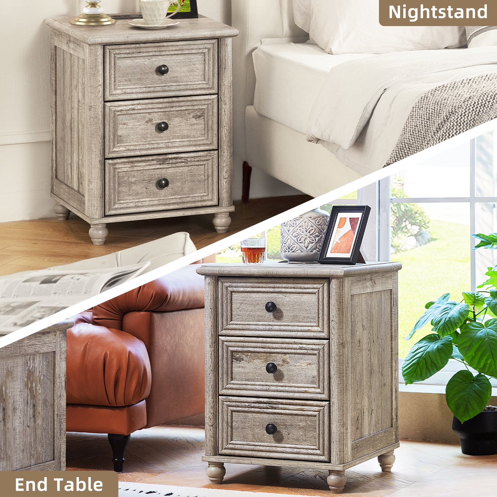 Nightstands Set of 2 with 3 Drawers, Farmhouse Nightstands with Charging Station End Table Beside Table for Bedroom Enrtyway Living Room, Grey Oak