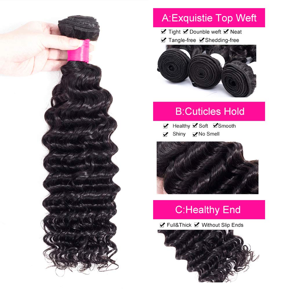 Brazilian Deep Wave Human Hair Bundles with Frontal Free Part 13x4 Ear To Ear with Baby Hair 100% Unprocessed Virgin Brazilian Human Hair( 16"18"20"with 14" Frontal)
