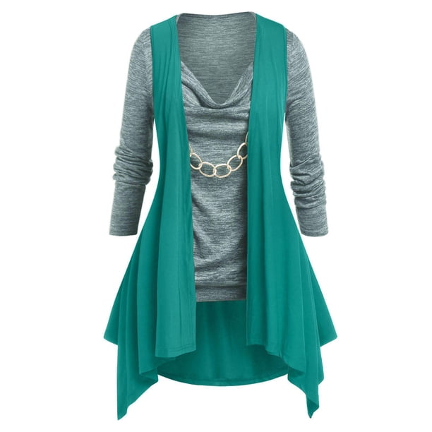 Conjunto Cárdigan Talla Extra Cadenas Cuello Vuelto Rosegal Mangas largas de talla grande