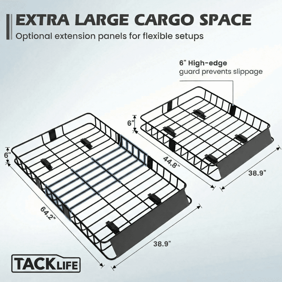 TACKLIFE Roof Rack Cargo Basket,64"×39"×6"Extension Universal Roof Basket,Capacity 250lb,Luggage Rack for SUV/Car,Black