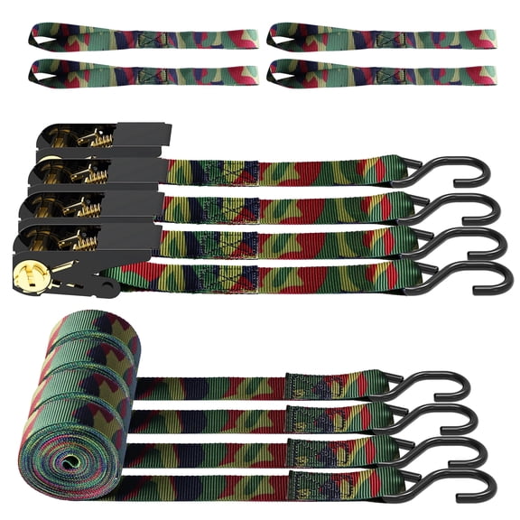 AWELCRAFT Ratcheting Tie-Down Straps with Steel  S-Hooks,   Heavy Duty 1500 lbs Breaking Strength 4-Pack 15 ft, Camouflage