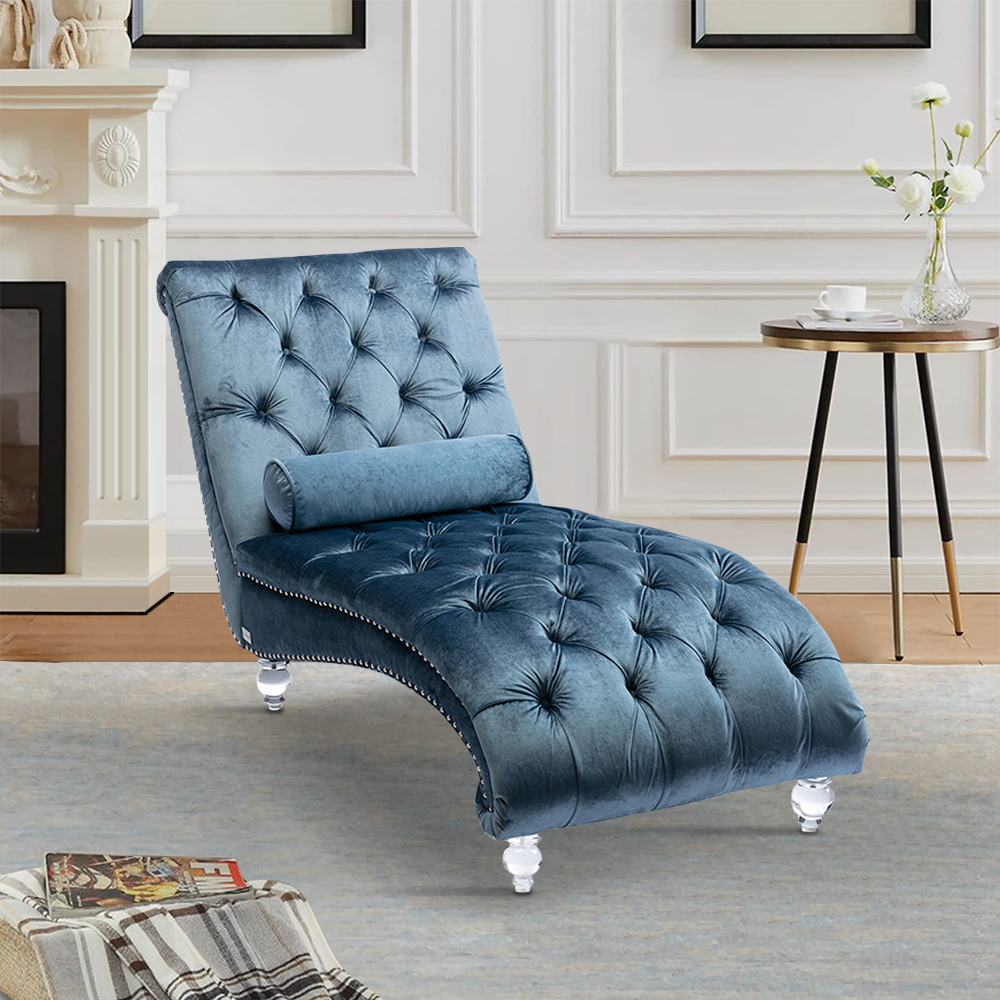 Blue Velvet Chaise Lounge with Pillow, KAMIDA Indoor Chaise Lounge