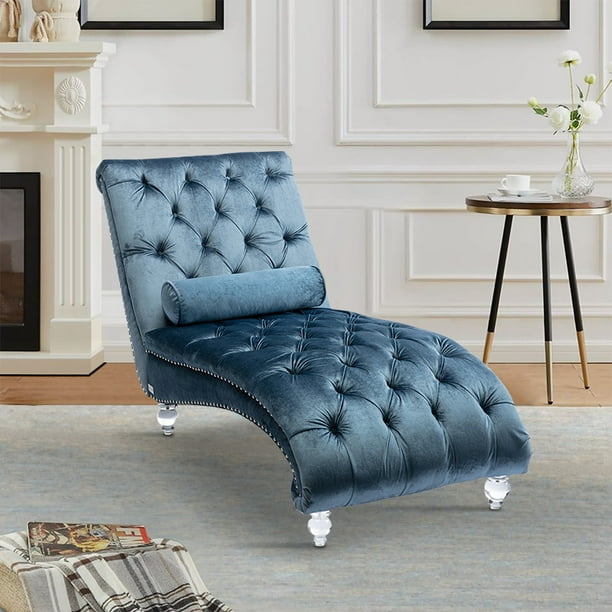 Blue Velvet Chaise Lounge with Pillow, KAMIDA Indoor Chaise Lounge Furniture, Modern Lounge