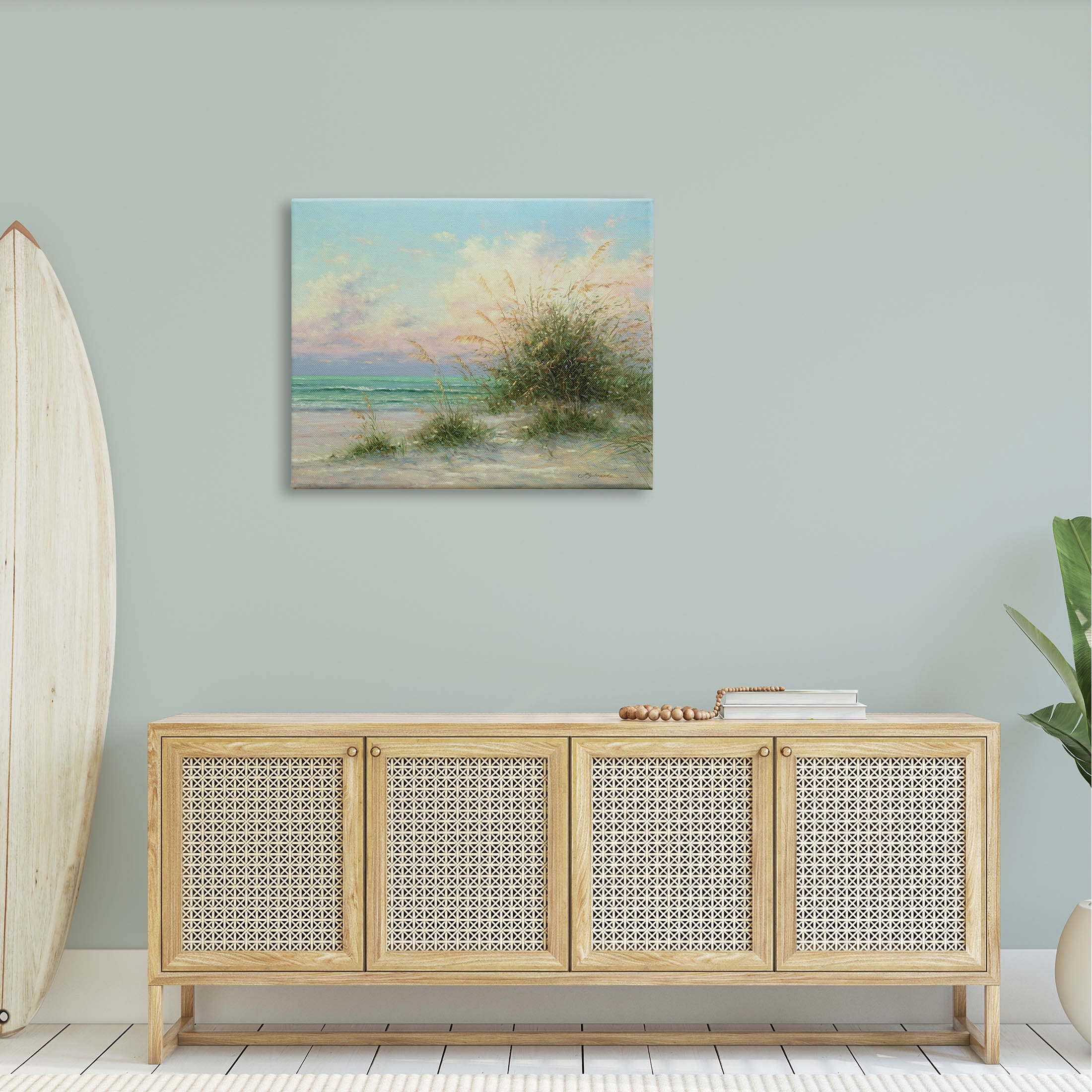 Summer Beach Grass Sea Waves Coastal Painting Gallery Wrapped Canvas Print Wall Art