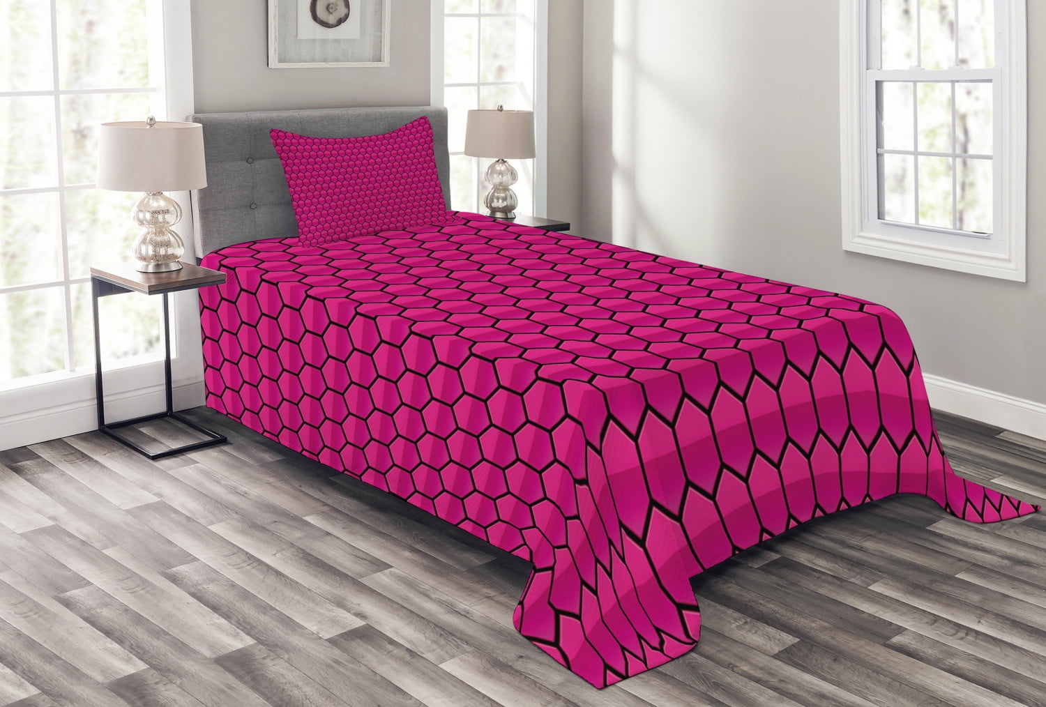 Hot Pink Bedspread Set Twin Size, Pattern Nature Inspired