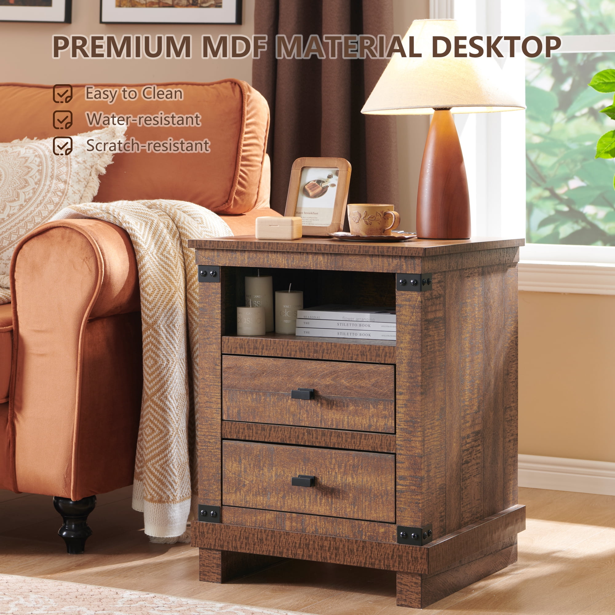 KeyWhat Farmhouse 18" Nightstand with Charging Station, Rustic Metal Wood End Table with Open Storage Shelf, Reclaimed Barnwood