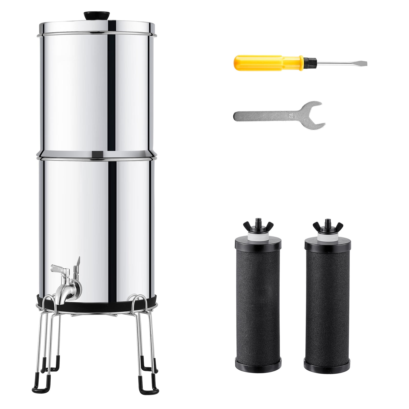 KFFKFF Water Purification System, Gravity-Driven, 2.25G 304 Stainless-Steel Tabletop Water Cleaner, Diminishes Lead and nearly 99% of Chlorine, Includes 2 Carbon Filters/Spigot/Stand,for Camping