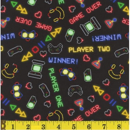Cotton Pixel Power Gamers Video Games Controllers Technology Words Mook Fabrics Black Cotton Fabric Print by the Yard (142101)