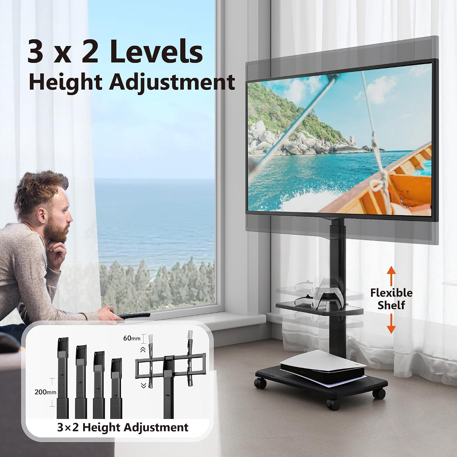 FITUEYES Rolling TV Stand for 32–75 Inch TVs, Black, Power Outlet, Swivel Mount