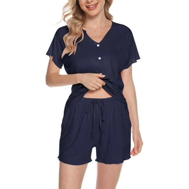 yoeyez Womens Pajama Sets Ribbed Knit Shorts Sets Short Sleeve Pajamas Set Ruffle Sleepwear 2 Piece Summer Nightwear Loungewear Navy,XL
