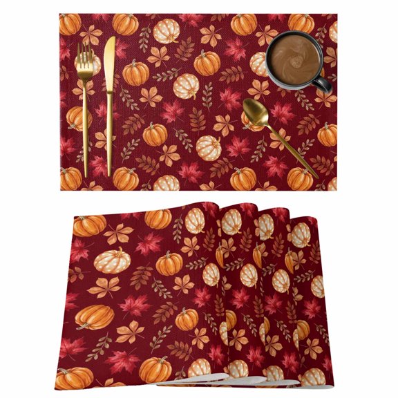 Fall Orange Pumpkin Placemats Set of 1, Thanksgiving Country Harvest Maple Leaf Red Non-Slip Place Mats Washable Table Mats for Kitchen Dining Table Decorations Indoor/Outdoor