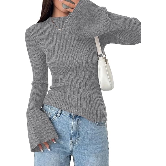 PRETTYGARDEN Women's Lightweight Mock Neck Sweaters | Bell Long Sleeve Tops, Slim Fitted Pullover, Soft Ribbed Knit, Going Out Outfits, Fall Winter Layering, Fashion Clothing