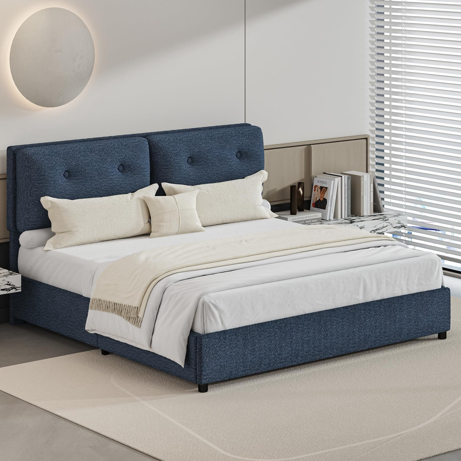 4 EVER WINNER King Bed Frame, King Size Bed Frame with Headboard, Boucle Bed Frame with Removable Pillow Upholstery, No Box Spring Required, Easy Assembly, Navy Blue