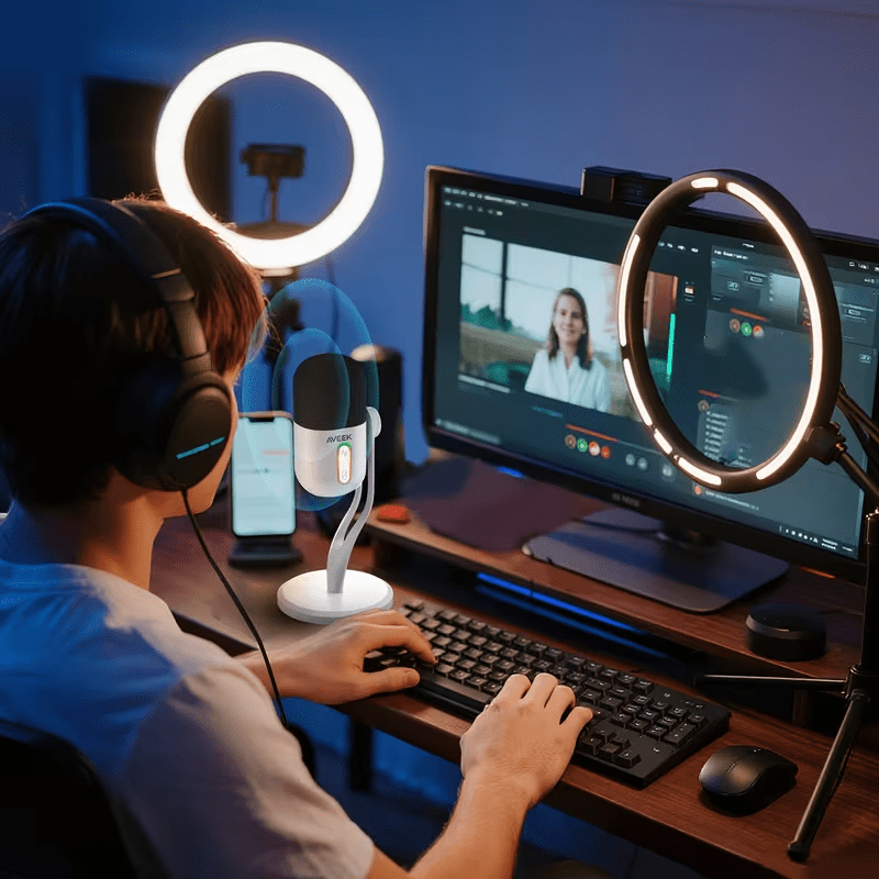 Aveek USB Condenser Microphone, Gaming Mic with Noise Cancellation for Streaming/Discord/Podcast/Asmr,Cardioid Pickup for Windows/MacOS/Android, White