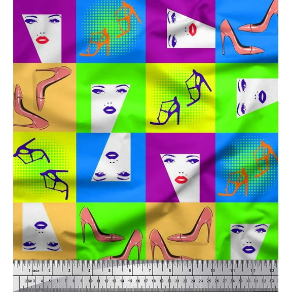 Soimoi Polyester Crepe Fabric Women Face & High Heels Fashion Fabric Prints by Yard 42 Inch Wide