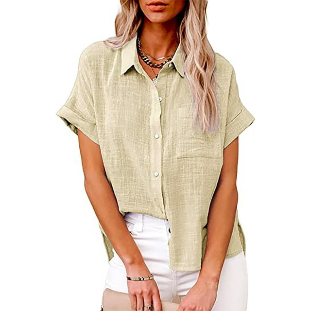 CHOK Chemisier en Coton pour Femmes, Manches Longues, Col à Revers, Ample, avec Poche, Vert B TTTTG
