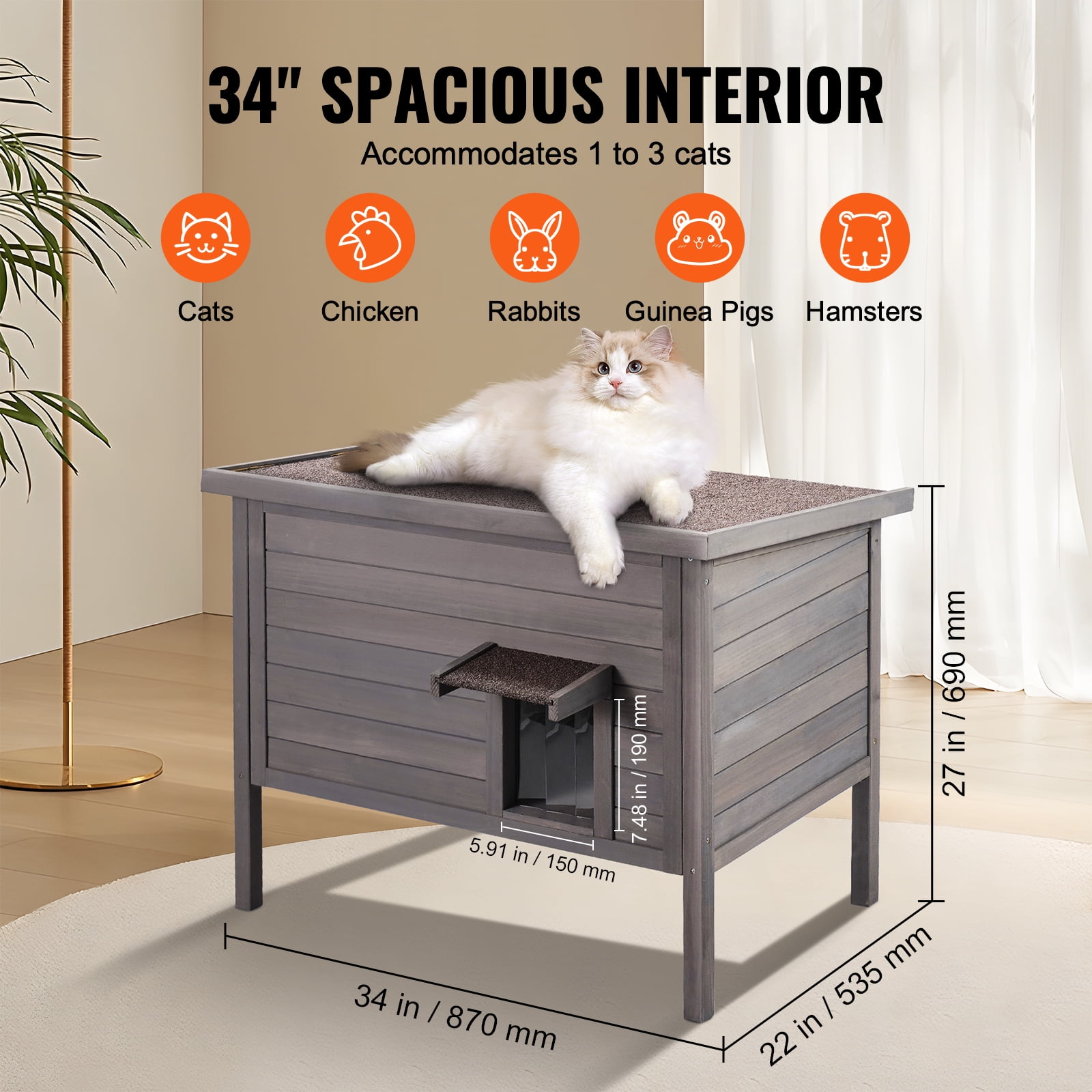 KFFKFF Weatherproof Outdoor Cat Shelter, Wooden Insulated House for Cats and Rabbit, 34x22x27in