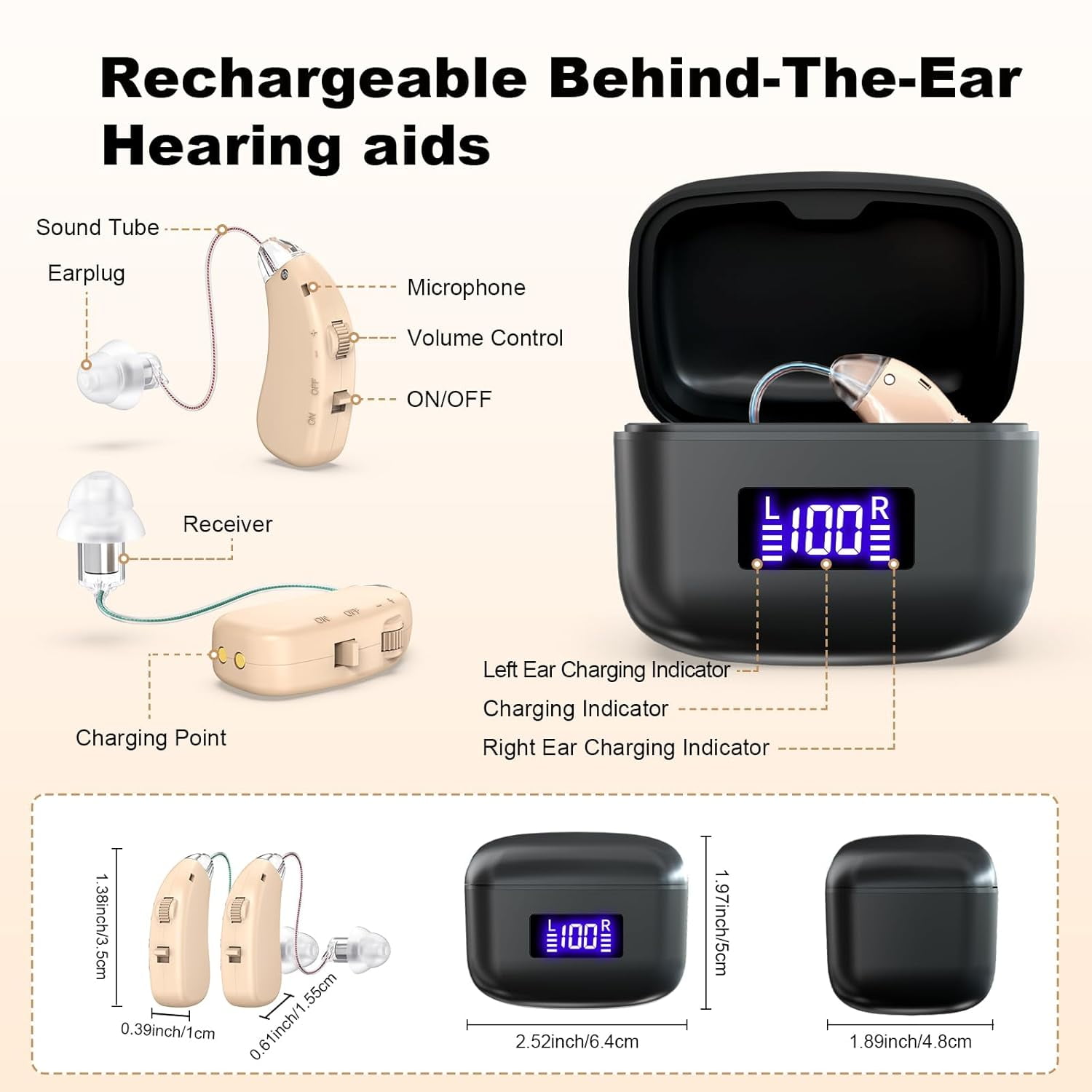 Hearing Aids for Seniors，Rechargeable Hearing Aids with Noise Cancelling,Behind-the-ear RIC Hearing Aids with Real Voice, Invisible Comfortable without Whistling,Charging Box Displaying Power