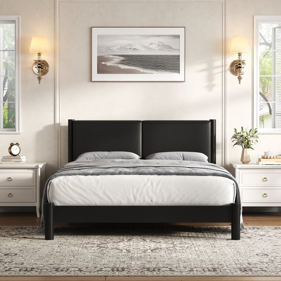 MODERNLUXE Queen Size Wood Platform Bed with PU Upholstery Headboard, Black
